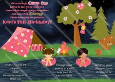 CAMP OUT GIRL Outdoor Birthday Invitation for girls | cherrybonbons - Digital Art  on ArtFire Campout Birthday Party, Camping Birthday Party, Fishing Party, Outdoor Birthday, Camping Birthday, Party Theme Ideas, Camping Party