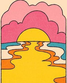 a drawing of a sunset over a body of water