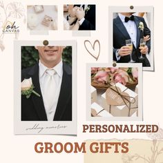 a collage of photos with the words, personalized groom gifts and pictures on them