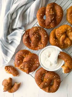 pretzels and cream cheese on a cooling rack