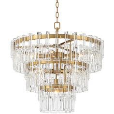 a chandelier hanging from the ceiling with clear glass beads and gold trimmings