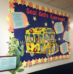 a bulletin board with an image of a school bus