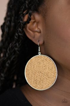 Brown twine-like cording weaves across the front of an oversized silver disc for an earthy flair. Earring attaches to a standard fishhook fitting. Brown Weave, Brown Earrings, Earrings Trendy, Disc Earrings, Jewelry Images, Paparazzi Accessories, Paparazzi Jewelry, Fish Hook, Silver Beads