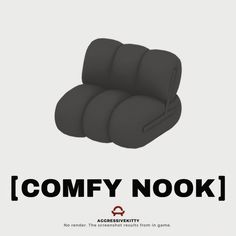 a poster with the words comfy nook in black and white, next to an image of a chair