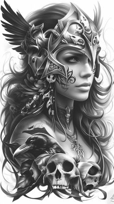 a woman's face with skulls and wings on her chest, in black and white