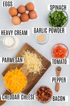 the ingredients to make this recipe include eggs, ham, parmesan cheese, tomatoes, and spinach