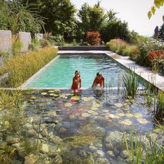 two people are sitting in the water next to a swimming pool with rocks and plants