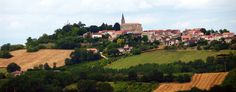 a village on top of a hill surrounded by fields and trees in the foreground