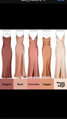 four dresses in different colors and sizes, with the names on each dress below them