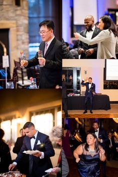 several pictures of people at an event and one is holding a glass in his hand