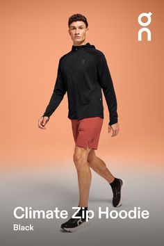 When the temperature drops, this insulating and sweat-wicking running hoodie is your cold-weather hero | On Men's Climate Zip Hoodie in Black, Size: Large. Cold weather runs, balaclava feature, insulating Road Running, Marathon, Trail Running. Performance Outdoor | Recycled Polyester Running Marathon, Running Hoodie, Running In Cold Weather, Cold Fits, Sports Hoodies, Road Running, Trail Running, Black Hoodie, Warm Weather