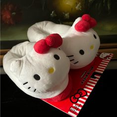 two hello kitty slippers sitting on top of a red and white book next to a painting