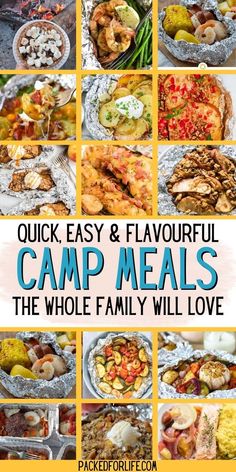 Images of 15 Quick, Easy & Flavourful Camp Meals, the whole family will love. In foil packets - s'mores bowls, shrimp, chicken, fruit crisp, shrimp boil with corn, salmon, roasted veggies, hamburgers. Camping Food Ideas Breakfast, Camping Recipes Dinner, Foil Packet Recipes, Camping Recipes Breakfast, Tin Foil Dinners