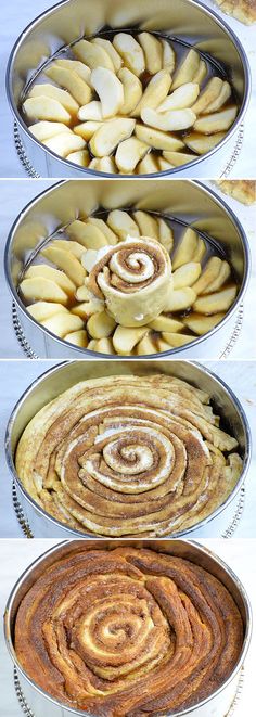 four pans filled with different types of food on top of each other and one has cinnamon rolls in the middle