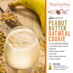 an advertisement for a peanut butter oatmeal cookie drink on a wooden table