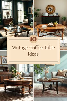 A collection of 4 pins showcasing unique vintage coffee table designs, featuring mid-century modern look, rustic styles, seasonal decor, and family-friendly layouts for home inspiration.