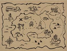 a pirate map drawn in black ink on brown paper