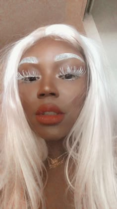 White False Eyelashes, Black And White Eyebrows, White Tears Makeup, White Eyelashes Makeup Look, White Eyebrows Aesthetic, White Wigs For Black Women, White Hair White Eyebrows, White Eyelash Makeup, White Hair And Eyebrows