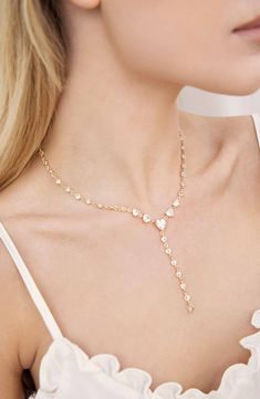 Heart-shaped stones accentuate the classic Y shape of an elegant necklace featuring links plated in gleaming 18-karat gold. 16" length; 2" extender 18k-gold plate/cubic zirconia Imported Sweetheart Neckline Jewelry, Necklace For Sweetheart Neckline, Neckline Jewelry, Jewelry Necklaces Gold, Gold Lariat Necklace, Pearl Cuff, Back Necklace, Y Necklace, Chain Anklet