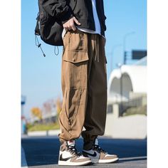 N-201-03 Casual Brown Cargo Pants For Streetwear, Casual Brown Harem Pants With Pockets, Baggy Khaki Joggers For Streetwear, Casual Brown Parachute Pants For Streetwear, Casual Brown Parachute Pants With Pockets, Brown Baggy Pants For Outdoor, Baggy Brown Sweatpants With Pockets, Casual Brown Cargo Pants For Outdoor Activities, Casual Brown Cargo Pants For Outdoor