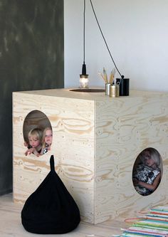 cool kid fort. love that it even has a hole at the top for a light to shine down! rad! Mommo Design, Indoor Playhouse, Build A Playhouse, Kids Room Furniture, Cubby Houses, Kids Playhouse, Plywood Furniture, Kids Interior