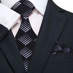 Main: A Black Black Suit And Tie Accessories For Business Meetings, Black Fitted Tie With Pocket Square, Elegant Patterned Neckwear With Ties, Luxury Business Neckwear, Standard Tie, Light Blue Dress Shirt, Blue Shirt Dress, Classic Wardrobe, Geometric Diamond, Formal Suits