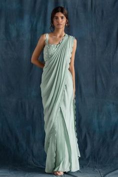 Shop for Lavanya Ahuja Green Georgette Pre-draped Saree With Embroidered Blouse for Women Online at Aza Fashions Pleated Saree, Wedding Saree Blouse, Satin Bluse, Drape Saree, Elegant Saree, Sharara Set, Stylish Sarees, Indian Designer Outfits, Saree Look