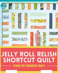 the jelly roll relish shortcut quilt pattern is shown in front of a yellow background