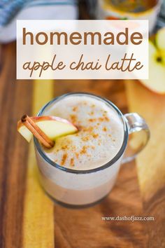 homemade apple chai latte in a glass mug