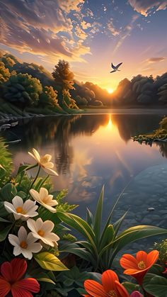 the sun is setting over a lake with flowers