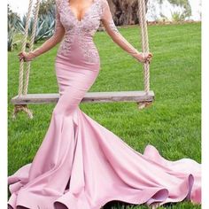 New Never Worn, Dress Is Red Not Pink Long Sleeve Mermaid Prom Dress, Pink Wedding Gowns, Long Sleeve Prom, Beaded Prom Dress, Satin Prom Dress, Prom Dresses With Sleeves, Applique Dress, Chic Pink, Prom Dresses Long With Sleeves