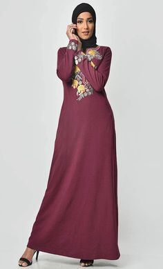 Floral Garden Embroidered Abaya - Maroon - EastEssence.com Casual Long Sleeve Abaya With Modesty Panel, Long Sleeve Abaya With Modesty Panel For Fall, Casual Fall Abaya, Fall Long Sleeve Abaya With Modesty Panel, Spring Abaya With Modesty Panel, Eid Long Sleeve Abaya With Floral Embroidery, Eid Abaya With Floral Embroidery And Long Sleeves, Casual Winter Abaya, Casual Long Abaya For Fall