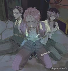 three anime characters are sitting on the floor