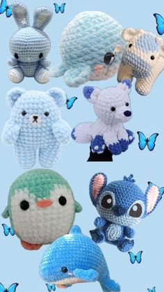 several crocheted stuffed animals in different colors and sizes are shown on a blue background