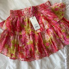 Gorgeous Pink Floral Print Tiered Mini Skirt, Spring Pink Ruffled Mini Skirt, Pink Mini Skirt With Elastic Waistband, Pink Skirted Bottoms For Spring, Ruffle Mini Skirt, Ruffle Skirt, Christmas List, Pink And Green, Mini Skirt