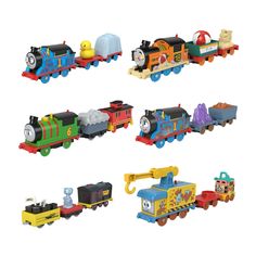 a set of four toy trains sitting on top of each other