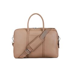 a tan leather bag with straps on the handle and shoulder strap, sitting against a white background