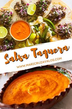 Photocollage of salsa taquera with text overlay. Mexican Salsa Recipes Authentic Tacos, Taco Truck Red Sauce, Mexican Red Sauce For Tacos, Orange Taco Sauce, Red Sauce For Tacos, Taco Truck Sauce, Authentic Mexican Taco Sauce, Salsa For Birria Tacos, Taco Sauce Recipe Mexican