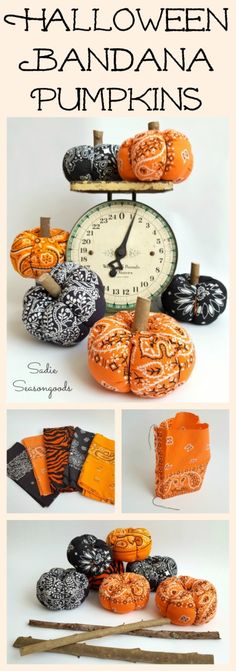 halloween decorations made out of orange and black pumpkins