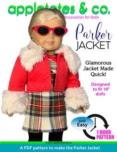 the doll is wearing a red jacket and plaid skirt with sunglasses on it's head