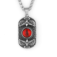 Eagle Red Eye Necklace Red Spiritual Metal Jewelry, Spiritual Red Metal Necklace, Red Metal Necklace With Large Pendant, Red Spiritual Necklace With Large Pendant, Red Stainless Steel Necklace With Adjustable Chain, Red Stainless Steel Pendant Jewelry, Adjustable Red Engraved Jewelry, Red Engraved Adjustable Jewelry, Red Engraved Spiritual Necklaces