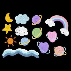 an assortment of crayon drawings on a black background, including clouds, sun and stars