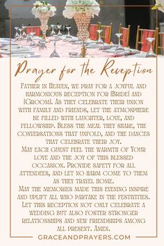 a table with flowers on it and the words prayer for the reception