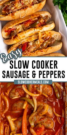 slow cooker sausage and peppers in a casserole dish with text overlay