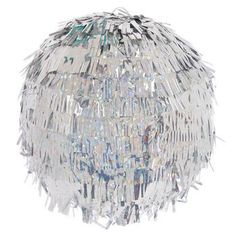 a large crystal ball hanging from the ceiling with fringes on it's sides