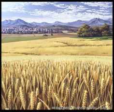 a painting of a wheat field with mountains in the background