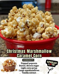 christmas marshmallow caramel corn in a red bowl