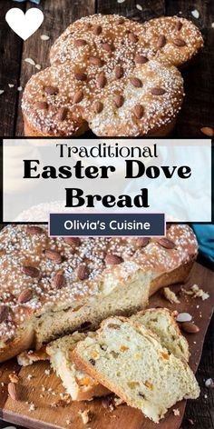 traditional easter dove bread recipe on a cutting board with text overlay that reads traditional easter dove bread