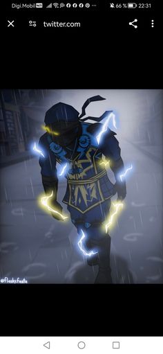 an animated image of a person in the rain with lightnings on their back and arms