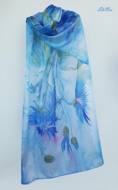 Large hand painted silk scarf with bright blue cornflowers and image 5 Artistic Blue Silk Scarf For Spring, Elegant Hand Painted Blue Scarves, Hand Painted Blue Silk Scarf For Summer, Blue Hand Painted Bohemian Silk Scarf, Blue Bohemian Hand Painted Silk Scarf, Hand Dyed Blue Silk Scarf For Summer, Bohemian Blue Hand Painted Silk Scarf, Blue Hand Dyed Silk Scarf For Summer, Artistic Hand Painted Green Silk Scarf